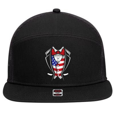 Usa Suit Tuxedo Patriotic 4th Of July Flag America American 7 Panel Mesh Trucker Snapback Hat