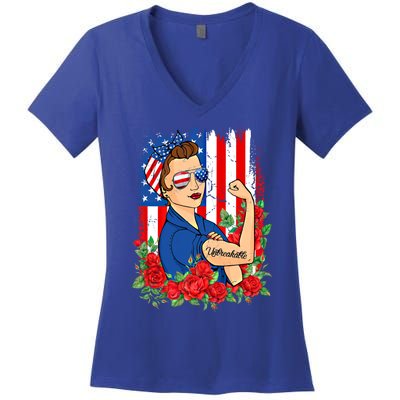 United States Unbreakable Roses Usa Flag 4th Of July Cute Gift Women's V-Neck T-Shirt