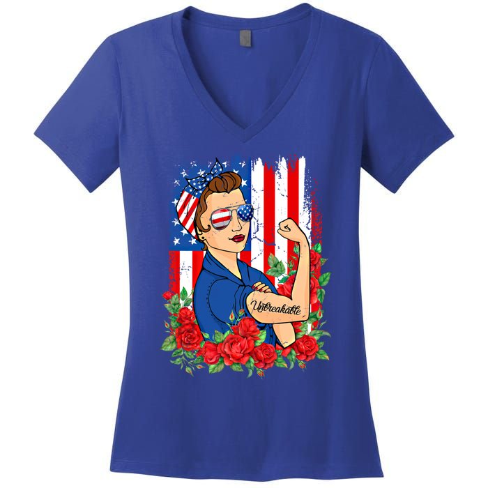 United States Unbreakable Roses Usa Flag 4th Of July Cute Gift Women's V-Neck T-Shirt