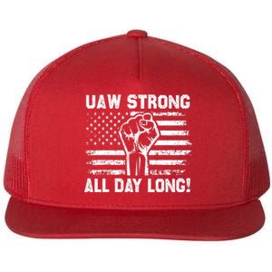 UAW Strike USA Flag Red Tee_ United Auto Workers Picket Sign Flat Bill Trucker Hat