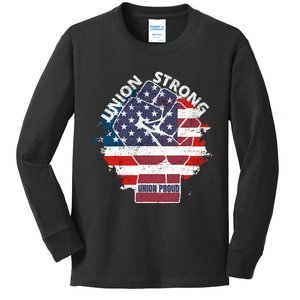 Union Strong Union Proud Labor Day Raised Clinched Fist Kids Long Sleeve Shirt