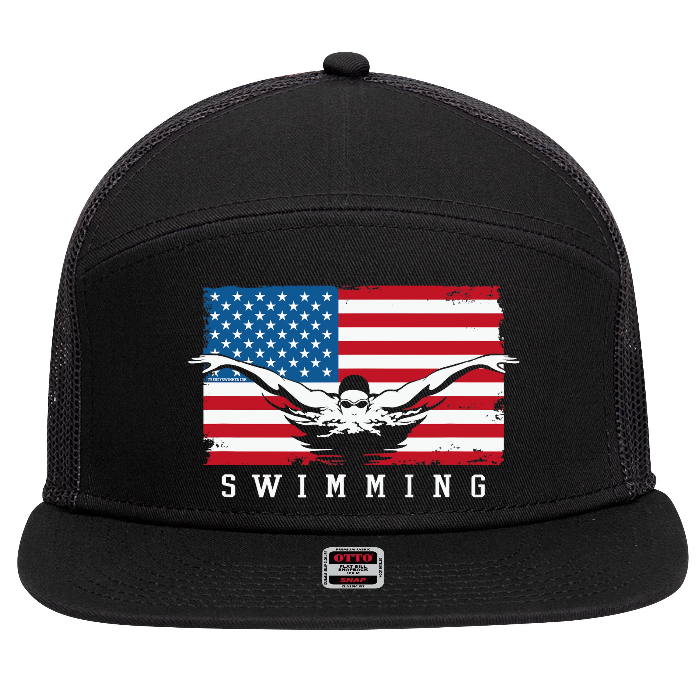 USA Swimming US Flag With Swimmer Swim Team 7 Panel Mesh Trucker Snapback Hat
