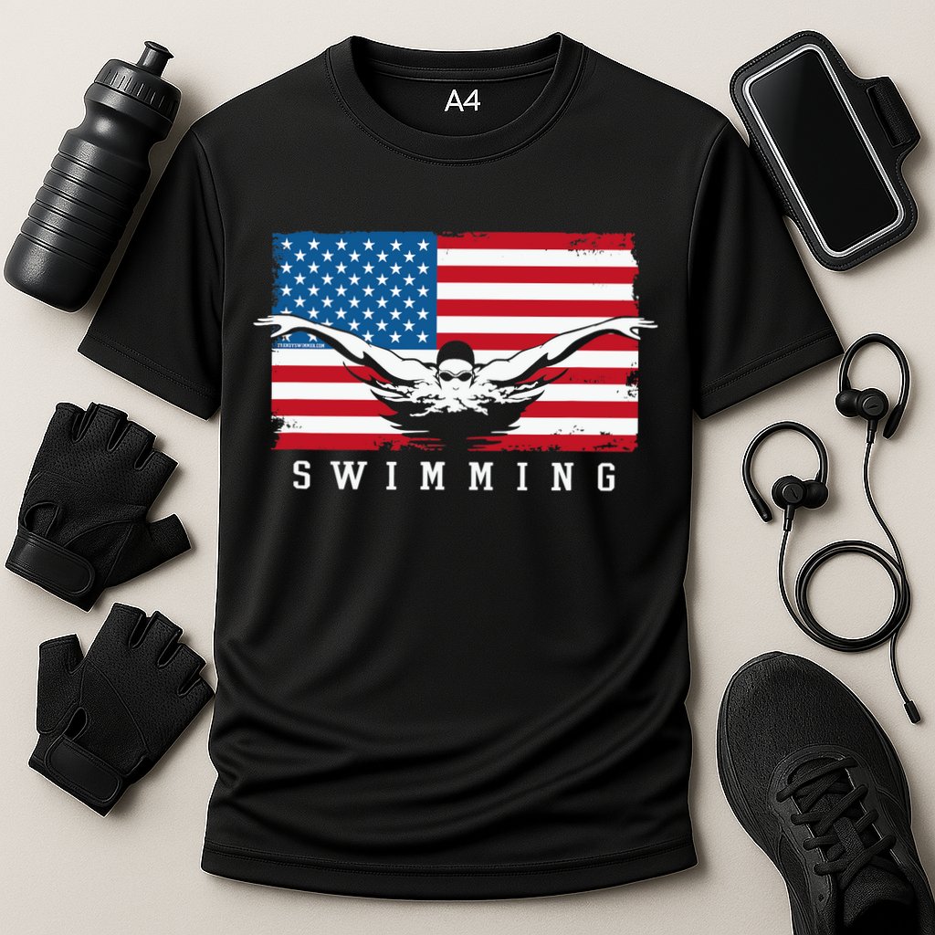 USA Swimming US Flag With Swimmer Swim Team Cooling Performance Crew T-Shirt