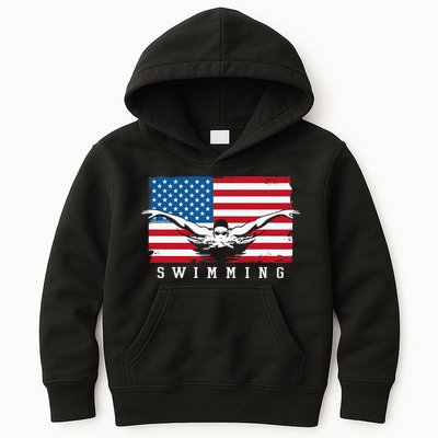 USA Swimming US Flag With Swimmer Swim Team Kids Hoodie