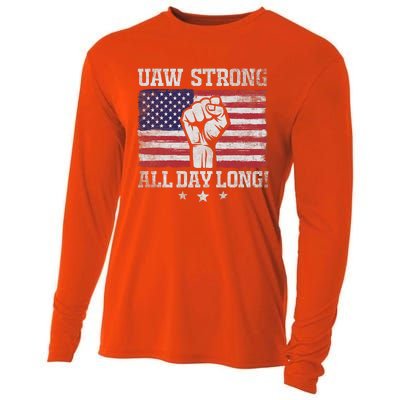 UAW Strike USA Flag Red United Auto Workers Picket Sign America Flag Cooling Performance Long Sleeve Crew