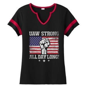 UAW Strike USA Flag Red United Auto Workers Picket Sign America Flag Ladies Halftime Notch Neck Tee