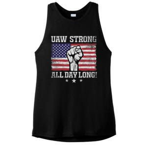 UAW Strike USA Flag Red United Auto Workers Picket Sign America Flag Ladies PosiCharge Tri-Blend Wicking Tank