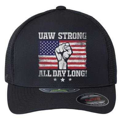 UAW Strike USA Flag Red United Auto Workers Picket Sign America Flag Flexfit Unipanel Trucker Cap