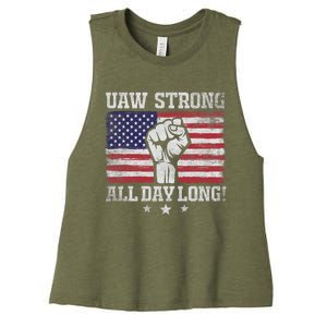 UAW Strike USA Flag Red United Auto Workers Picket Sign America Flag Women's Racerback Cropped Tank