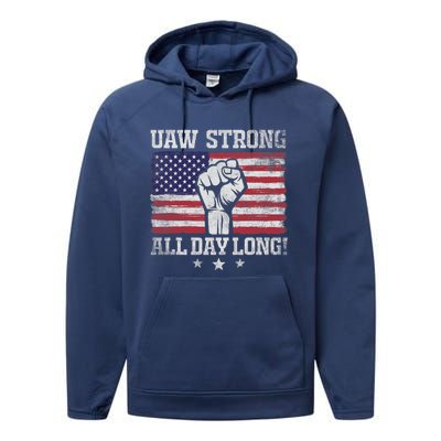 UAW Strike USA Flag Red United Auto Workers Picket Sign America Flag Performance Fleece Hoodie