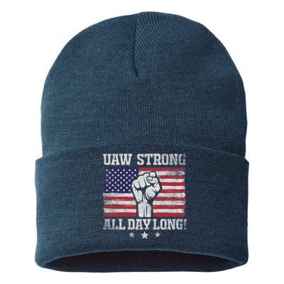 UAW Strike USA Flag Red United Auto Workers Picket Sign America Flag Sustainable Knit Beanie