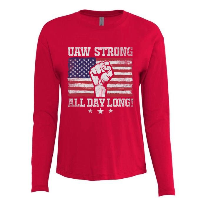 UAW Strike USA Flag Red United Auto Workers Picket Sign America Flag Womens Cotton Relaxed Long Sleeve T-Shirt