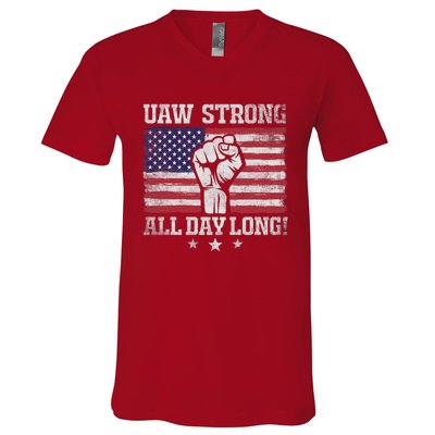 UAW Strike USA Flag Red United Auto Workers Picket Sign America Flag V-Neck T-Shirt