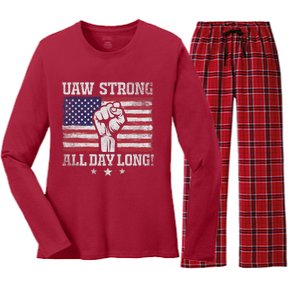 UAW Strike USA Flag Red United Auto Workers Picket Sign America Flag Women's Long Sleeve Flannel Pajama Set 