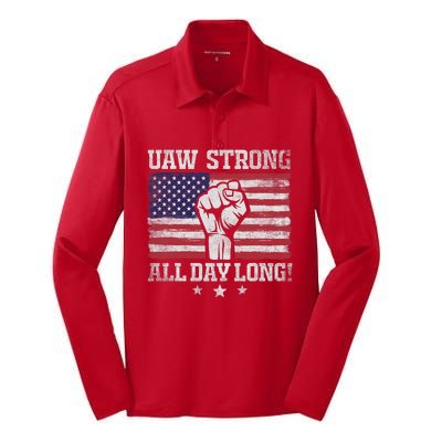 UAW Strike USA Flag Red United Auto Workers Picket Sign America Flag Silk Touch Performance Long Sleeve Polo