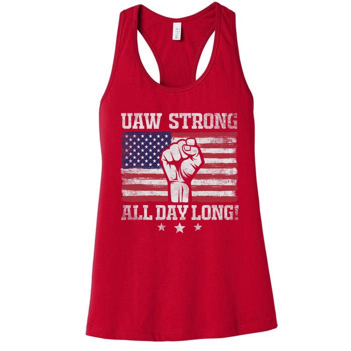 UAW Strike USA Flag Red United Auto Workers Picket Sign America Flag Women's Racerback Tank