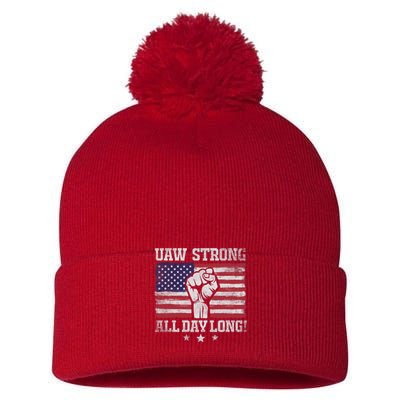 UAW Strike USA Flag Red United Auto Workers Picket Sign America Flag Pom Pom 12in Knit Beanie