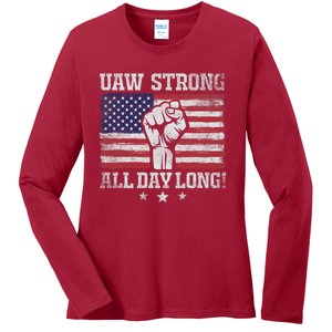 UAW Strike USA Flag Red United Auto Workers Picket Sign America Flag Ladies Long Sleeve Shirt