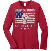 UAW Strike USA Flag Red United Auto Workers Picket Sign America Flag Ladies Long Sleeve Shirt