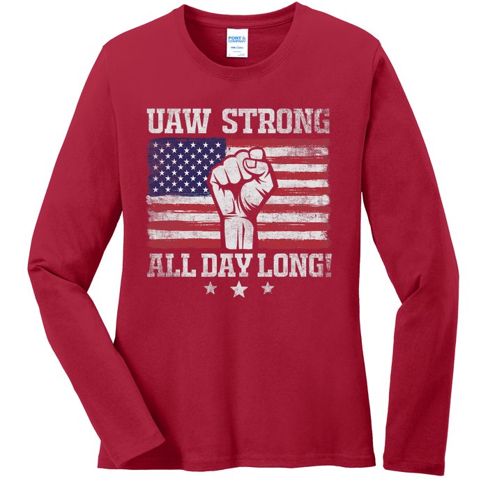 UAW Strike USA Flag Red United Auto Workers Picket Sign America Flag Ladies Long Sleeve Shirt