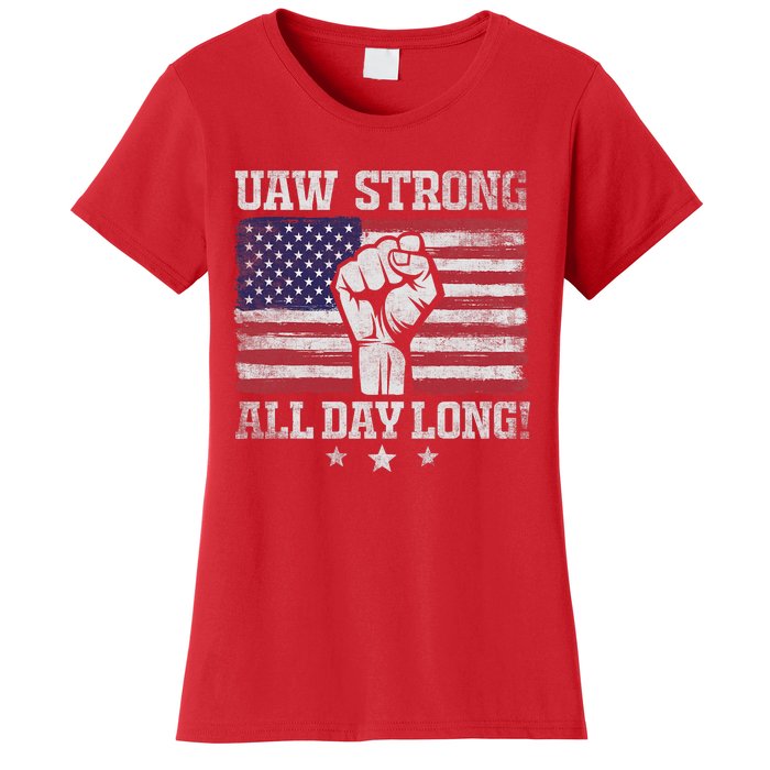 UAW Strike USA Flag Red United Auto Workers Picket Sign America Flag Women's T-Shirt