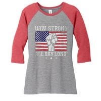 UAW Strike USA Flag Red United Auto Workers Picket Sign America Flag Women's Tri-Blend 3/4-Sleeve Raglan Shirt