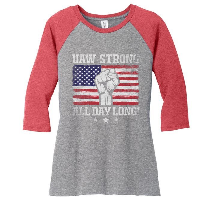 UAW Strike USA Flag Red United Auto Workers Picket Sign America Flag Women's Tri-Blend 3/4-Sleeve Raglan Shirt