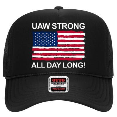 UAW Strike USA Flag Red United Auto Workers Picket Sign High Crown Mesh Back Trucker Hat