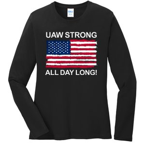 UAW Strike USA Flag Red United Auto Workers Picket Sign Ladies Long Sleeve Shirt