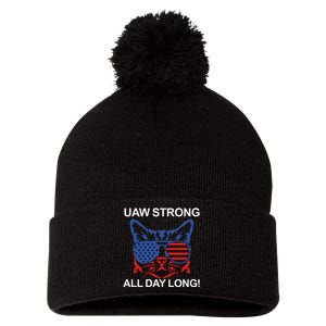 UAW Strike USA Flag Red United Auto Workers Picket Sign Pom Pom 12in Knit Beanie