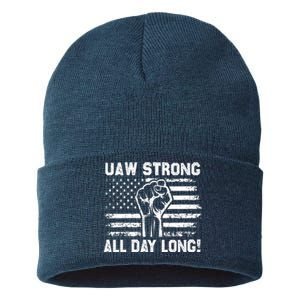 UAW Strike USA Flag Red United Auto Workers Picket Sign Sustainable Knit Beanie