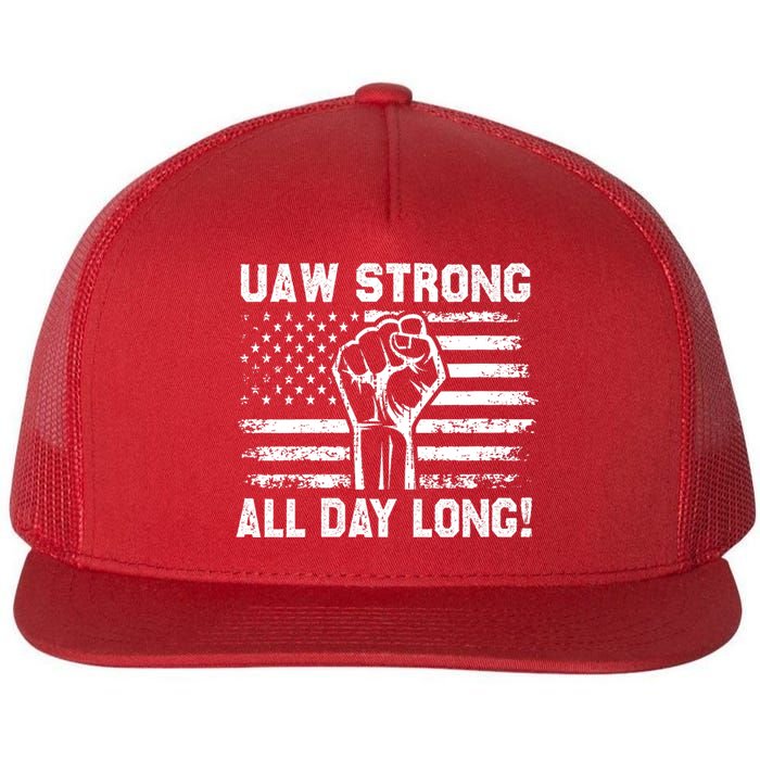 UAW Strike USA Flag Red United Auto Workers Picket Sign Flat Bill Trucker Hat