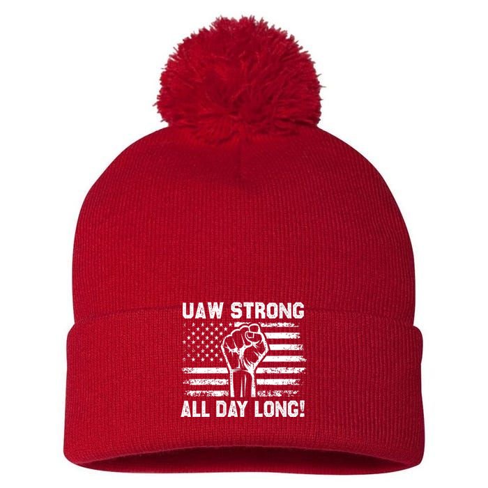 UAW Strike USA Flag Red United Auto Workers Picket Sign Pom Pom 12in Knit Beanie