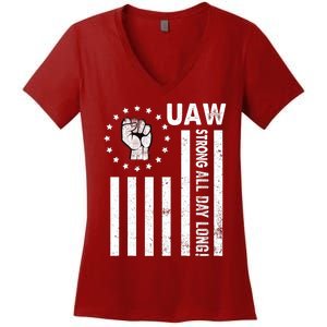 UAW Strong United We Stand Proud Union UAW Red Women's V-Neck T-Shirt