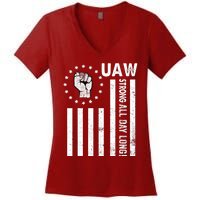 UAW Strong United We Stand Proud Union UAW Red Women's V-Neck T-Shirt