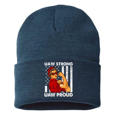 UAW Strong UAW Proud Union Pride Laborer Worker Red US Flag Sustainable Knit Beanie