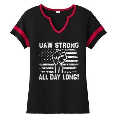 UAW Strike USA Flag Red United Auto Workers Picket Sign Ladies Halftime Notch Neck Tee