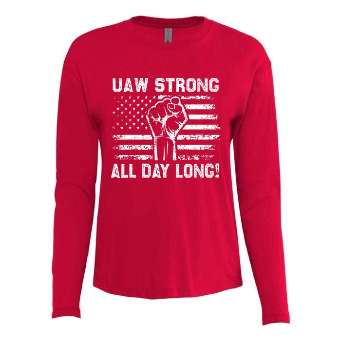 UAW Strike USA Flag Red United Auto Workers Picket Sign Womens Cotton Relaxed Long Sleeve T-Shirt