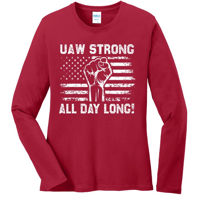 UAW Strike USA Flag Red United Auto Workers Picket Sign Ladies Long Sleeve Shirt