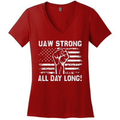 UAW Strike USA Flag Red United Auto Workers Picket Sign Women's V-Neck T-Shirt