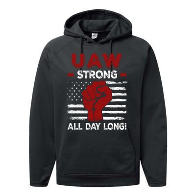 UAW Strike USA Flag Red United Auto Workers Picket Sign Performance Fleece Hoodie