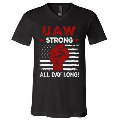 UAW Strike USA Flag Red United Auto Workers Picket Sign V-Neck T-Shirt