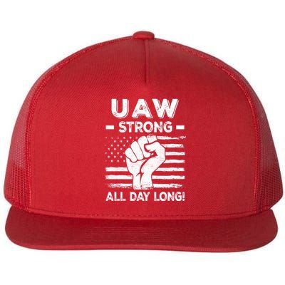 UAW Strike USA Flag Red United Auto Workers Picket Sign Flat Bill Trucker Hat