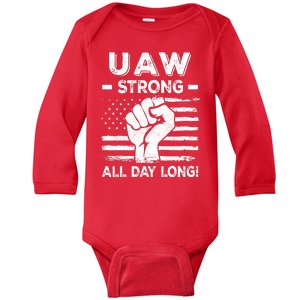 UAW Strike USA Flag Red United Auto Workers Picket Sign Baby Long Sleeve Bodysuit