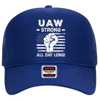 UAW Strike USA Flag Red United Auto Workers Picket Sign High Crown Mesh Back Trucker Hat