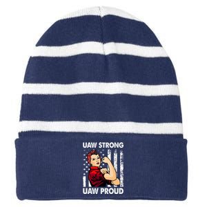 UAW Strong UAW Proud Union Pride UAW Laborer Worker Striped Beanie with Solid Band