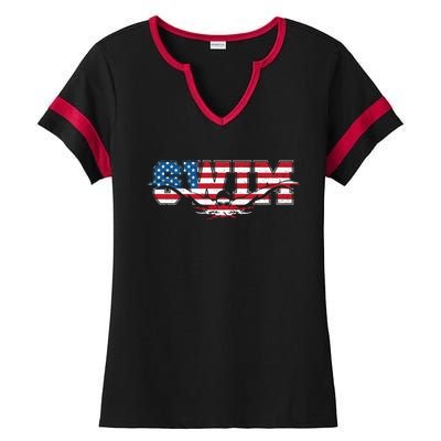 Usa Swimming Vintage Style Swim Us Flag With Swimmer Gift Ladies Halftime Notch Neck Tee