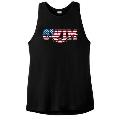 Usa Swimming Vintage Style Swim Us Flag With Swimmer Gift Ladies PosiCharge Tri-Blend Wicking Tank