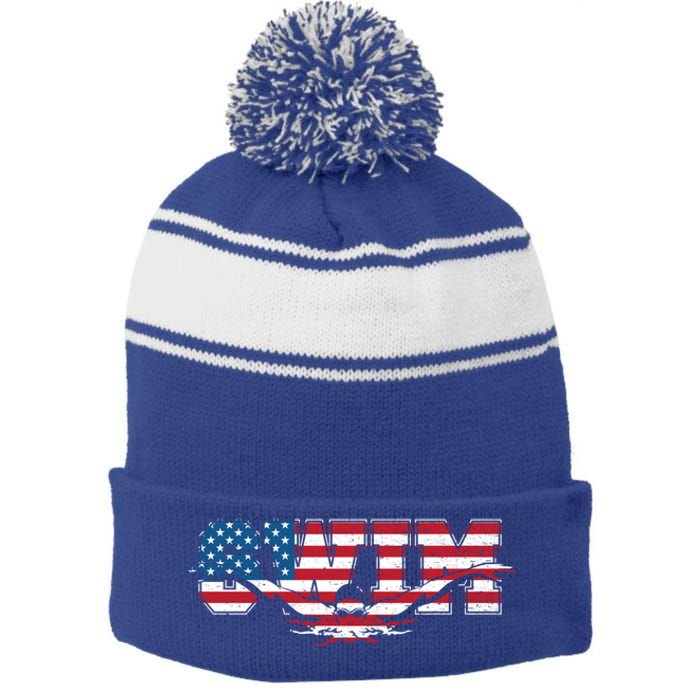 Usa Swimming Vintage Style Swim Us Flag With Swimmer Gift Stripe Pom Pom Beanie