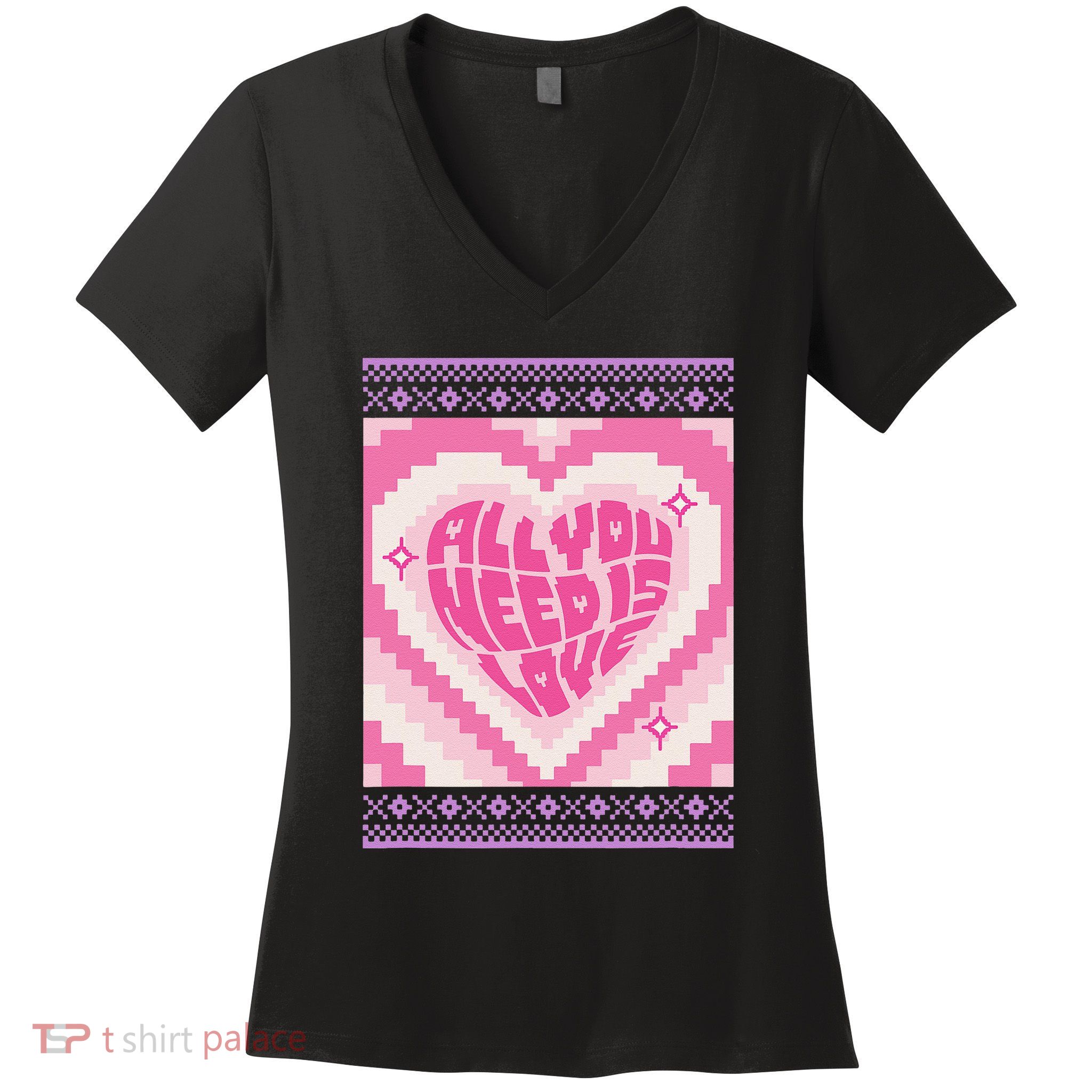 Ugly Sweater Valentines Day Pixel All Need Love Disco Women's V-Neck T-Shirt